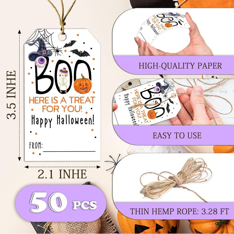 RPLCSPC Halloween Paper Gift Tags with String-50Pcs, Here is A Treat for You Happy Halloween Tags for Goodie Bags, 2 x 3.5 Inch Writable Waterproof Hanging Labels for Decor Party Supplies, Gift Wrapping-B01 - Image 2
